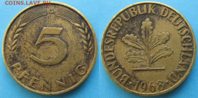 фикс Ходячка ФРГ 5 пфеннигов 1949-1995г до 27-04-24 в 22:00 - 49.26. -ФРГ 5 пфеннигов 1968 G    166-ас8-5156