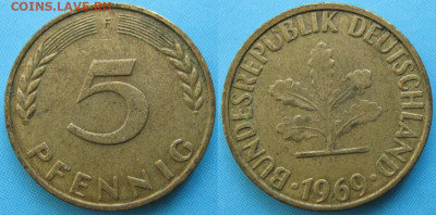 фикс Ходячка ФРГ 5 пфеннигов 1949-1995г до 27-04-24 в 22:00 - 49.29. -ФРГ 5 пфеннигов 1969 F    166-ас8-5144