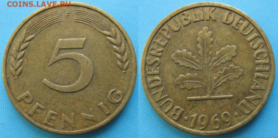 фикс Ходячка ФРГ 5 пфеннигов 1949-1995г до 27-04-24 в 22:00 - 49.30. -ФРГ 5 пфеннигов 1969 F    166-ас8-5152