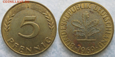 фикс Ходячка ФРГ 5 пфеннигов 1949-1995г до 27-04-24 в 22:00 - 49.31. -ФРГ 5 пфеннигов 1969 J    7469