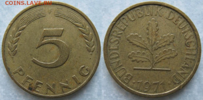 фикс Ходячка ФРГ 5 пфеннигов 1949-1995г до 27-04-24 в 22:00 - 49.33. -ФРГ 5 пфеннигов 1971 F    6824