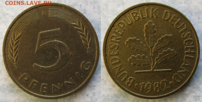 фикс Ходячка ФРГ 5 пфеннигов 1949-1995г до 27-04-24 в 22:00 - 49.40. -ФРГ 5 пфеннигов 1982 J    9717