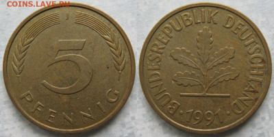 фикс Ходячка ФРГ 5 пфеннигов 1949-1995г до 27-04-24 в 22:00 - 49.45. -ФРГ 5 пфеннигов 1991 J    7111
