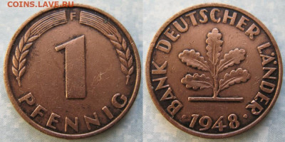 фикс Ходячка ФРГ 1 пфенниг 1948-1979г до 27-04-24 в 22:00 - 50.3. -ФРГ 1 пфенниг 1948 F     190-ас99-11486