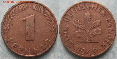 фикс Ходячка ФРГ 1 пфенниг 1948-1979г до 27-04-24 в 22:00 - 50.11. -ФРГ 1 пфенниг 1949 D     191-АС68-10264