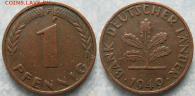 фикс Ходячка ФРГ 1 пфенниг 1948-1979г до 27-04-24 в 22:00 - 50.15. -ФРГ 1 пфенниг 1949 F     191-АС68-10273