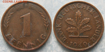 фикс Ходячка ФРГ 1 пфенниг 1948-1979г до 27-04-24 в 22:00 - 50.18. -ФРГ 1 пфенниг 1949 G     191-АС68-10272