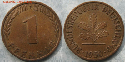фикс Ходячка ФРГ 1 пфенниг 1948-1979г до 27-04-24 в 22:00 - 50.24. -ФРГ 1 пфенниг 1950 F    175-К16-7689