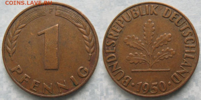 фикс Ходячка ФРГ 1 пфенниг 1948-1979г до 27-04-24 в 22:00 - 50.25. -ФРГ 1 пфенниг 1950 F    7156