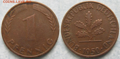 фикс Ходячка ФРГ 1 пфенниг 1948-1979г до 27-04-24 в 22:00 - 50.27. -ФРГ 1 пфенниг 1950 G    7144