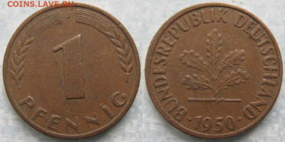 фикс Ходячка ФРГ 1 пфенниг 1948-1979г до 27-04-24 в 22:00 - 50.28. -ФРГ 1 пфенниг 1950 J    7237