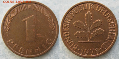 фикс Ходячка ФРГ 1 пфенниг 1948-1979г до 27-04-24 в 22:00 - 50.35. -ФРГ 1 пфенниг 1976 D    7252