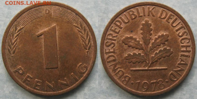 фикс Ходячка ФРГ 1 пфенниг 1948-1979г до 27-04-24 в 22:00 - 50.38. -ФРГ 1 пфенниг 1978 D    175-к16-7649