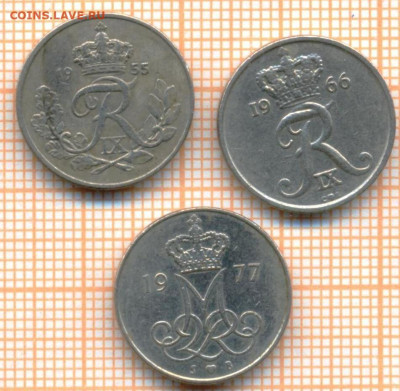 Дания 10 эре 1955,1966,1977 г., до  02.05.2024 г. в 22.00 по - Дания 10 эре 1955 66 77 743