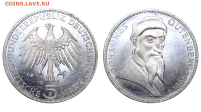 ФРГ. 5 марок 1968 г. Гутенберг. До 08.05.24. - Р2030