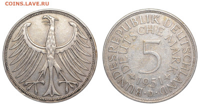 ФРГ. 5 марок 1951 г. D. До 08.05.24. - Р1971