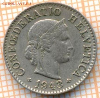 Швейцария 5 раппенов 1943 г., до 14.05.2024 г. в 22.00 по Мо - Швейцария 5 раппенов 1943 797