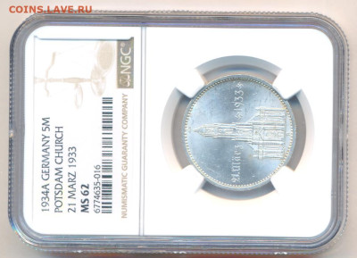 5 марок 1934 Кирха подписная слаб NGC - 2895+