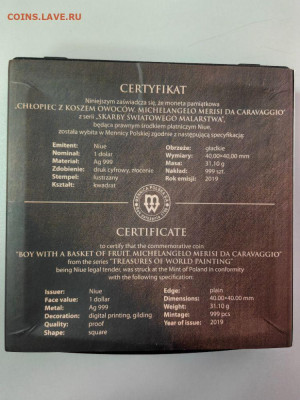 1дол 2019 Ниуэ Юноша с корзиной фруктов. Караваджо, Ag999 - ЯЯ Юноша с корзиной-4