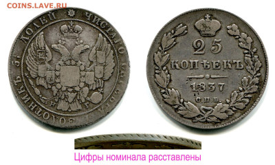 25 копеек 1827 - 1837 годов - оценка и спрос - 25 копеек 1837 СПБ-НГ цифры номинала расставлены