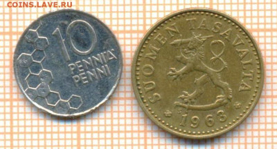 Финляндия 10 пенни 1963,1996 г., до 01.06.2024 г. в 22.00 по - Финляндия 2 монеты 852