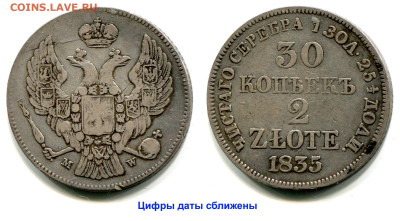 30 копеек-2 zlote 1835 MW №1 до 14 июня 2024 - 30 копеек-2 zlote 1835 MW №1 цифры даты сближены