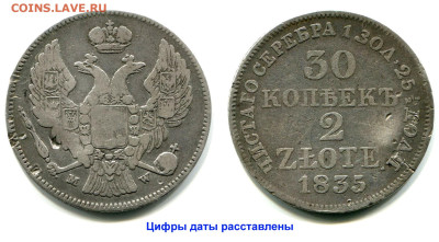 30 копеек-2 zlote 1835 MW №2 до 14 июня 2024 - 30 копеек-2 zlote 1835 MW №2 цифры даты расставлены