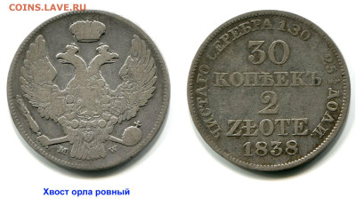 30 копеек-2 zlote 1838 MW №1 до 14 июня 2024 - 30 копеек-2 zlote 1838 MW №1 хвост орла ровный