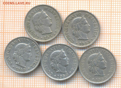 Швейцария 5 раппенов 1946,53,55,58,59 г., до 18.06.2024 г. в - Швейцария 5 монет 796