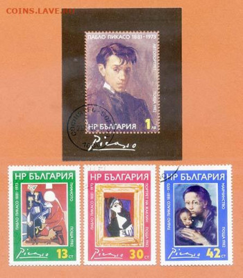 Болгария Пикассо 1982 г. полная серия + блок - почта-марки-блок_Болгария_Пикассо-1982_п-с-4шт_гаш