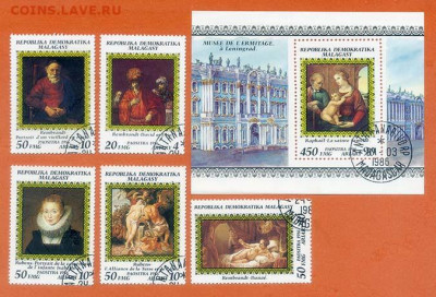 Мадагаскар Эрмитаж 1986 г. полная серия + блок - почта-марки-блок_Мадагаскар_Эрмитаж-1986_п-с-6шт_гаш