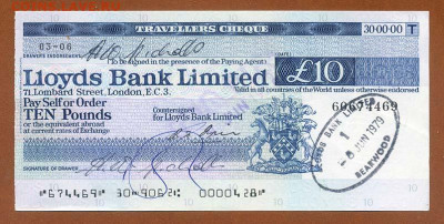 Британия дорожный чек 10 фунтов 1979 г. Lloyds Bank Ltd - чек-дорожный_Британия-10фунтов-LBL-1979_лицо