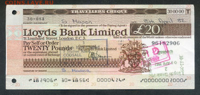 Британия дорожный чек 20 фунтов 1982 г. Lloyds Bank Ltd - чек-дорожный_Британия-20фунтов-LBL-1982_лицо