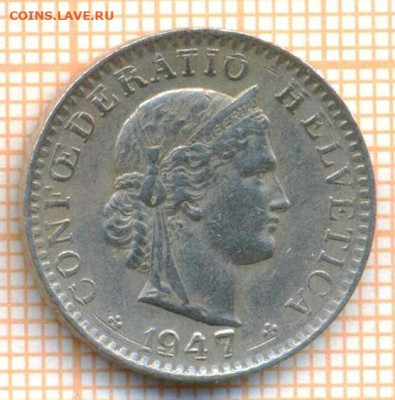 Швейцария 20 раппенов 1947 г., до  24.06.2024 г. в 22.00 по - Швейцария 20 раппенов 1947 965