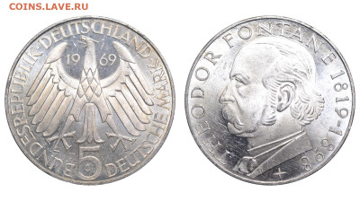 ФРГ. 5 марок 1969 г. Фонтане. До 23.06.24. - Р2296