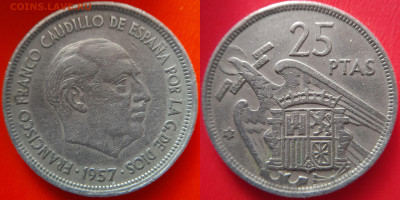 Испания, 25 песет 1958 г. – до 22:00, 30.06.24 - Испания-1958-25