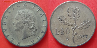 Италия, 20 лир 1957 г. – до 22:00, 30.06.24 - Италия-20