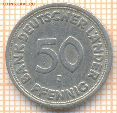 Германия 50 пф 1949 г., до 03.07.2024 г. в 22.00 по Москве - Германия 50 пф 1949J 1089