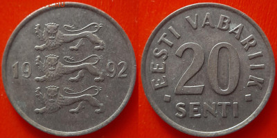 Эстония, 20 сентов  1992 г. – до 22:00, 09.07.24 - Эстония-20 сентов-1992