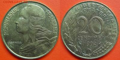Франция, 20 сантимов 1992 г. – до 22:00, 11.07.24 - Франция-20 сантимов-1992