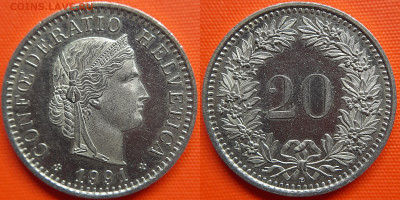 Швейцария, 20 раппенов 1991 г. – до 22:00, 11.07.24 - Швейцария-20 раппенов-1991