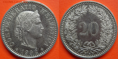 Швейцария, 20 раппенов 1992 г. – до 22:00, 11.07.24 - Швейцария-20 раппенов-1992