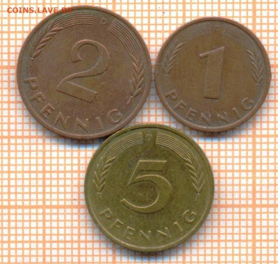 Германия 1пф1990, 2п1978,5п1989 г., до 15.07.2024 г. в 22.00 - Германия 3 монеты 1316а
