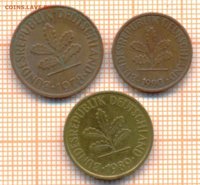 Германия 1пф1990, 2п1978,5п1989 г., до 15.07.2024 г. в 22.00 - Германия 3 монеты 1316