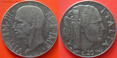 Италия, 20 чентезимо  1943 г. – до 22:00, 20.07.24 - Италия-20 чентезимо-1943