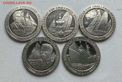 набор Шайба Остров Мэн 1 крона 1987 Регата Кубок Америки - nabor_shajba_ostrov_men_1_krona_1987_regata_kubok_ameriki_frimantl_5_sht_korabl_parusnik_flot