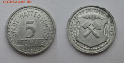 Нотгельды Германии. Обзорная тема. - 5 пфеннигов 1920 г Ваттеншайд.JPG