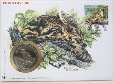 медаль Жетон Дымчатый Леопард Фонд Дикой Природы WWF марка М - medal_zheton_dymchatyj_leopard_fond_dikoj_prirody_wwf_marka_malajzija_kpd_konvert_krona_fauna_zhivotnye