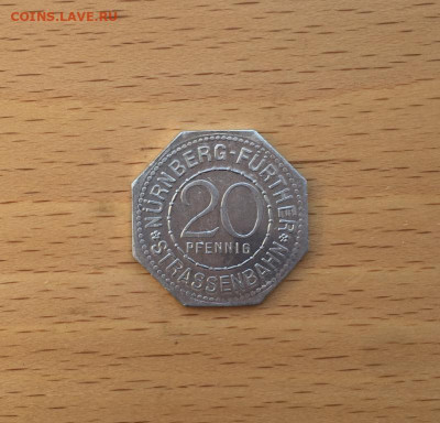Германия Веймарская республика Нюрнберг 20 пфенниг Нотгельд - germanija_vejmarskaja_respublika_njurnberg_20_pfennig_notgeld_tramvaj_zheton