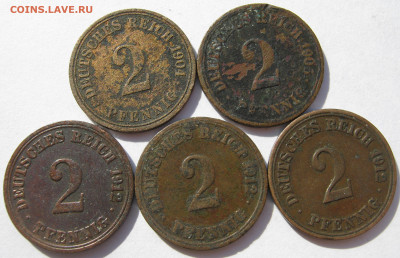 Германия империя 2 пфеннига 1904 A, 1905, 1912 A (5 монет) - IMG_1112.JPG